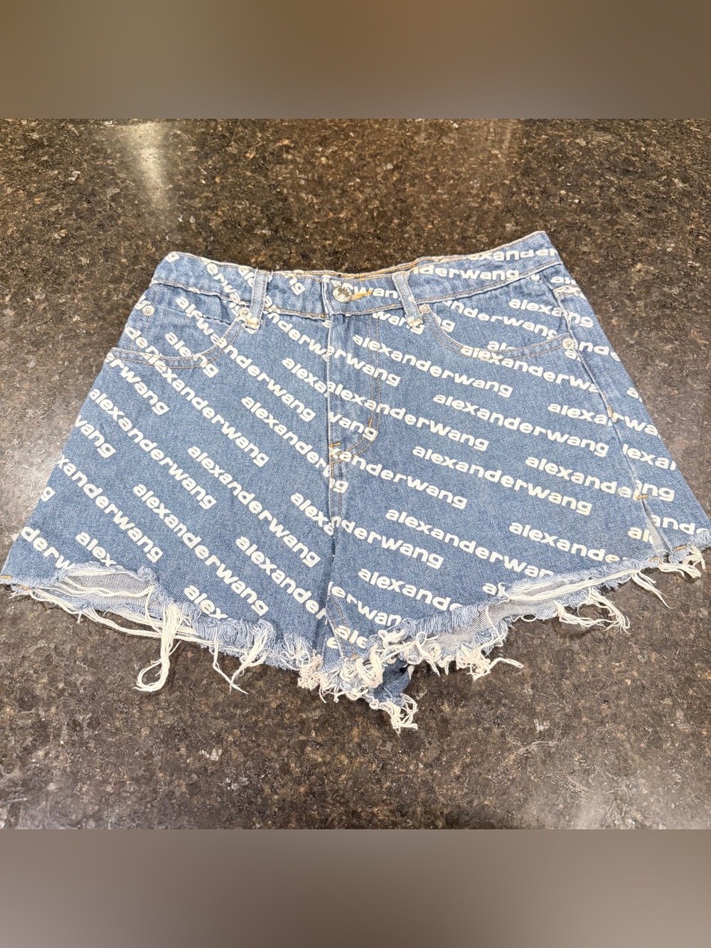 Alexander Wang Bite High Rise Logo Print Denim Shorts Size 26 Blue Raw Hem
